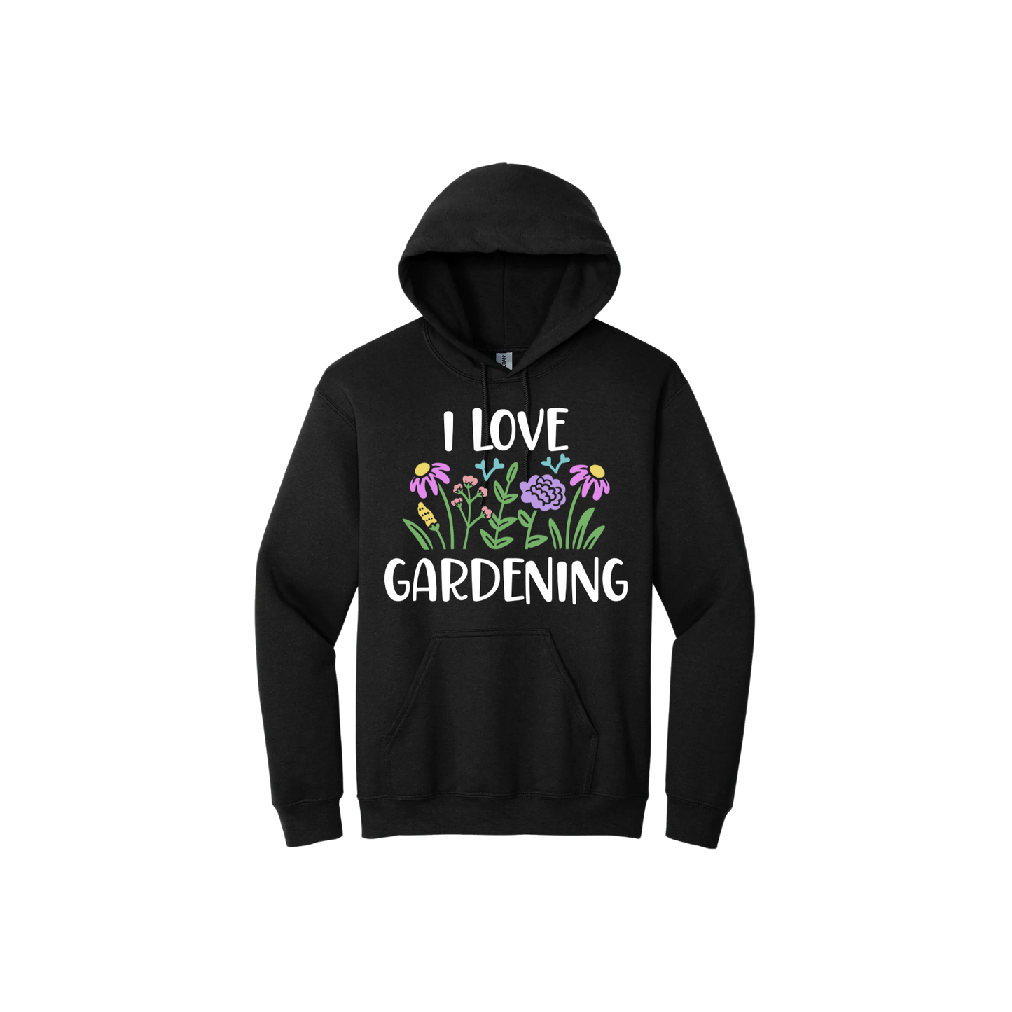 Black unisex hoodie with text that reads 'I love gardening' with graphics of flowers.