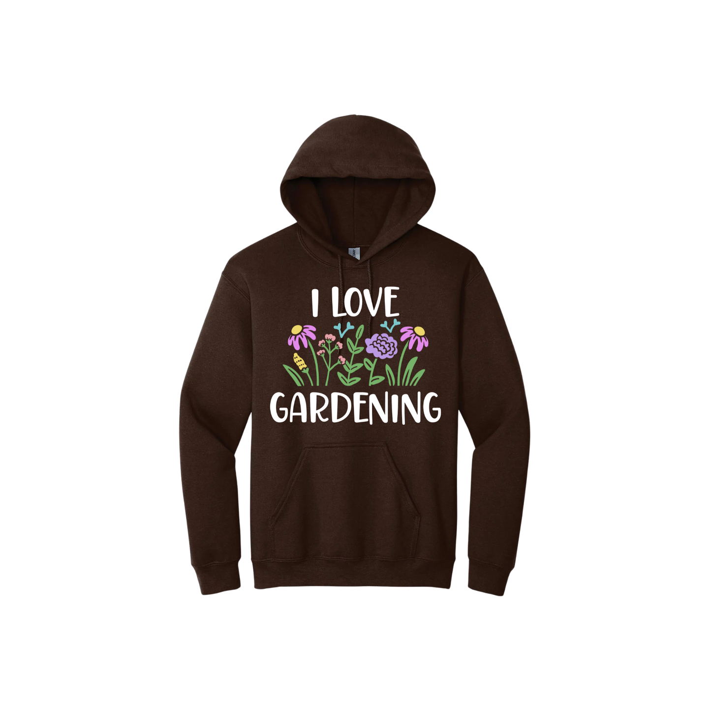 Brown unisex hoodie with text that reads 'I love gardening' with graphics of flowers.