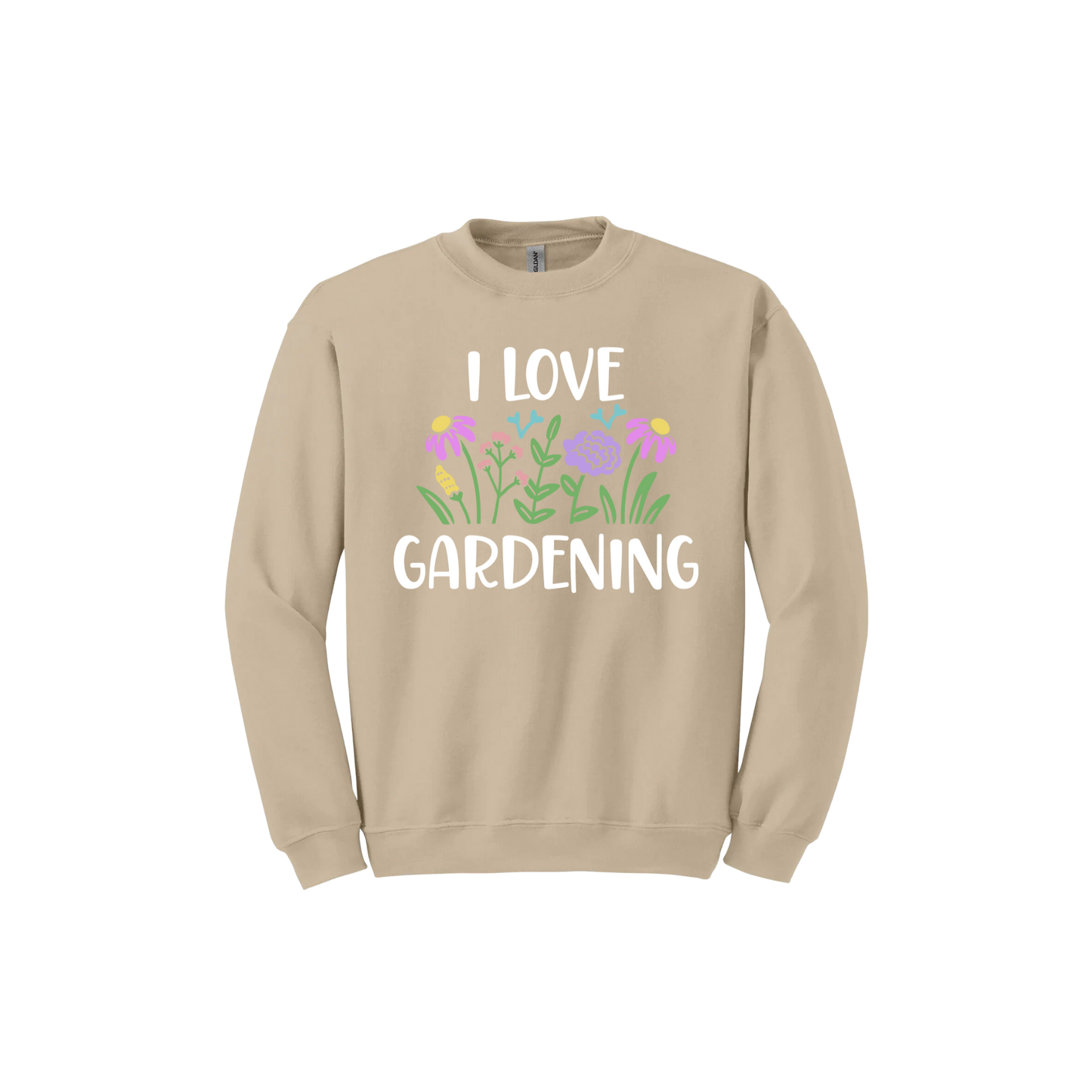 Sand unisex sweatshirt with text that reads 'I love gardening' with graphics of flowers.