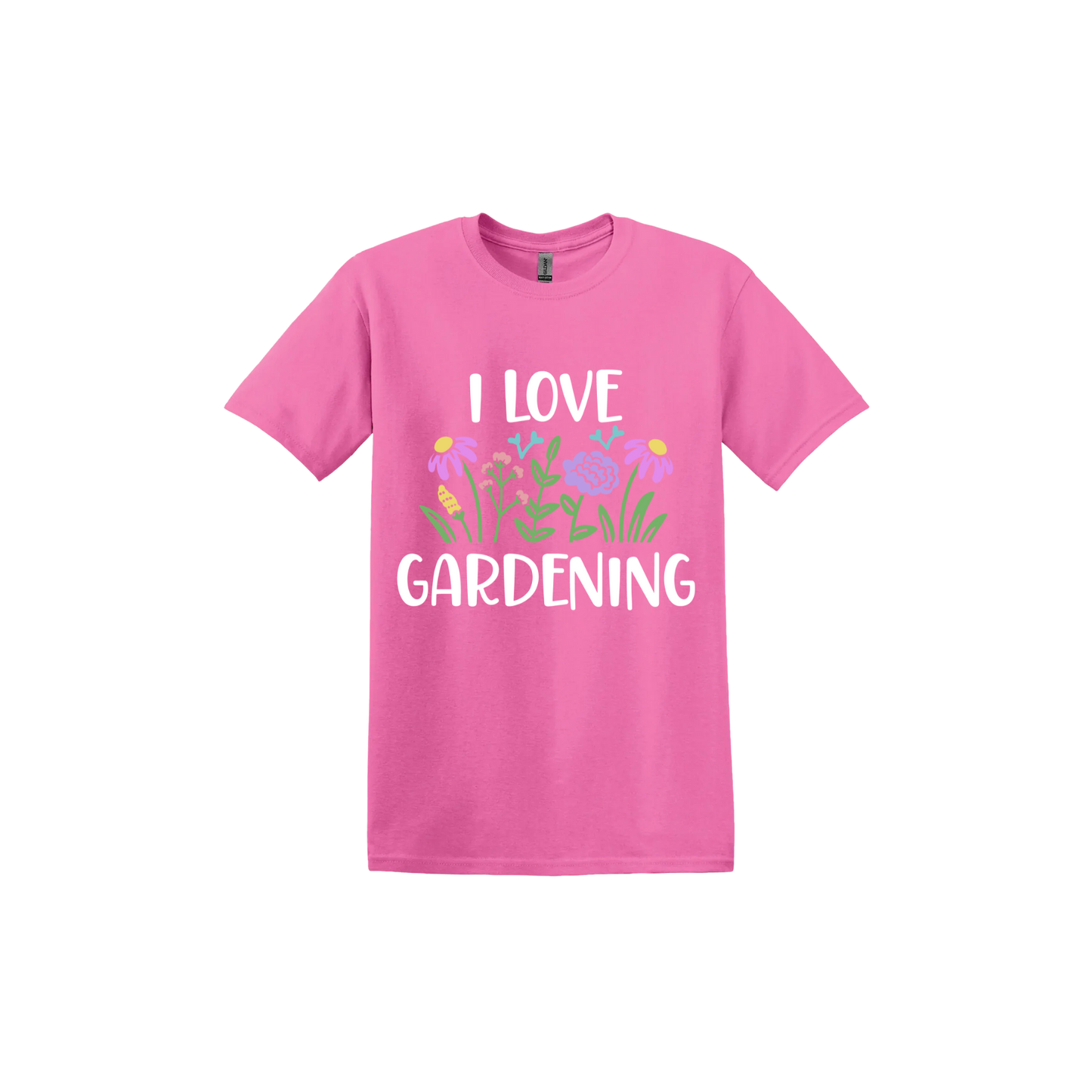 Azalea unisex tshirt with text that reads 'I love gardening' with graphics of flowers.