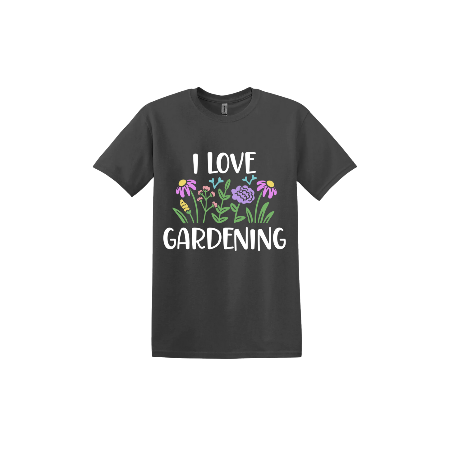 Charcoal unisex tshirt with text that reads 'I love gardening' with graphics of flowers.