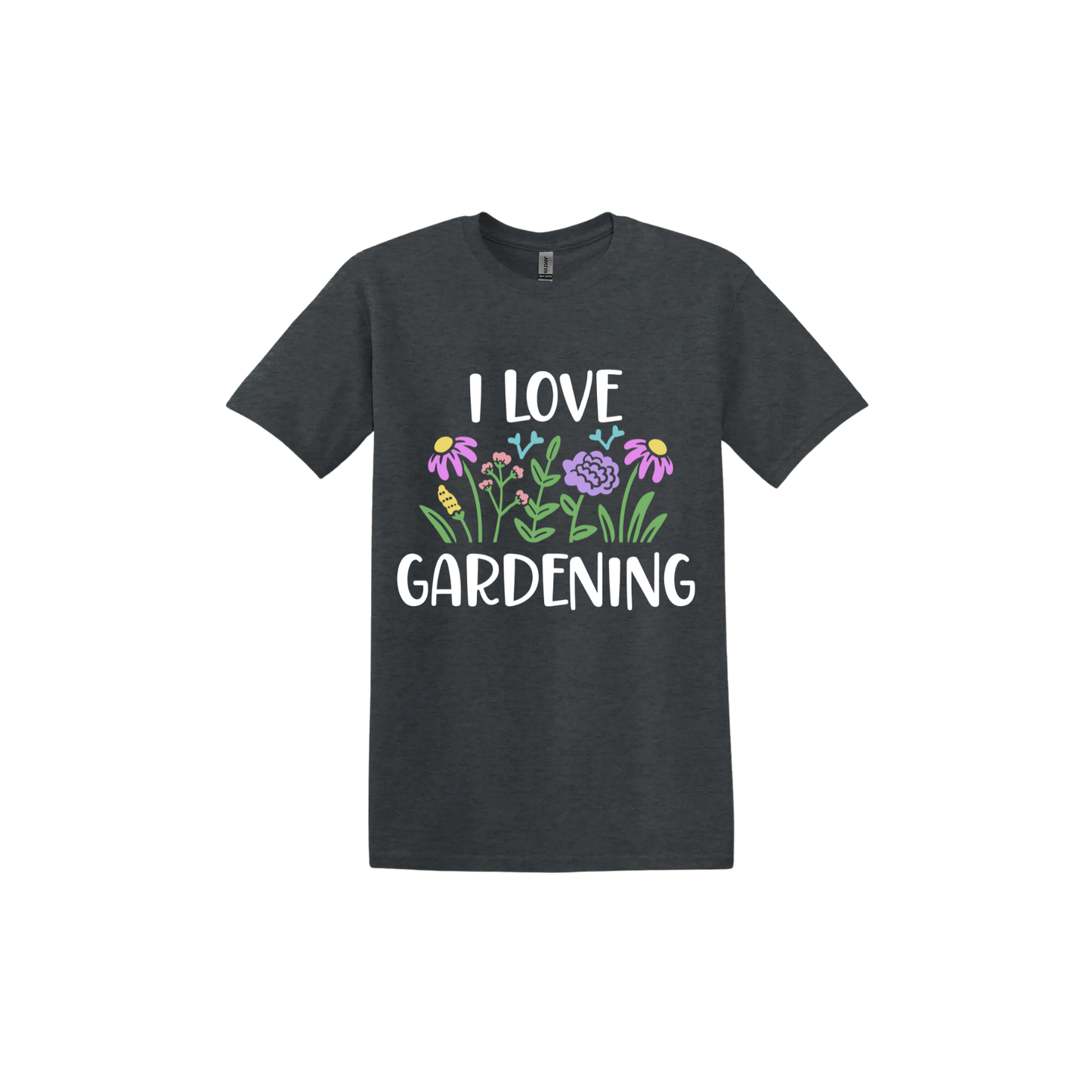 Dark heather unisex tshirt with text that reads 'I love gardening' with graphics of flowers.