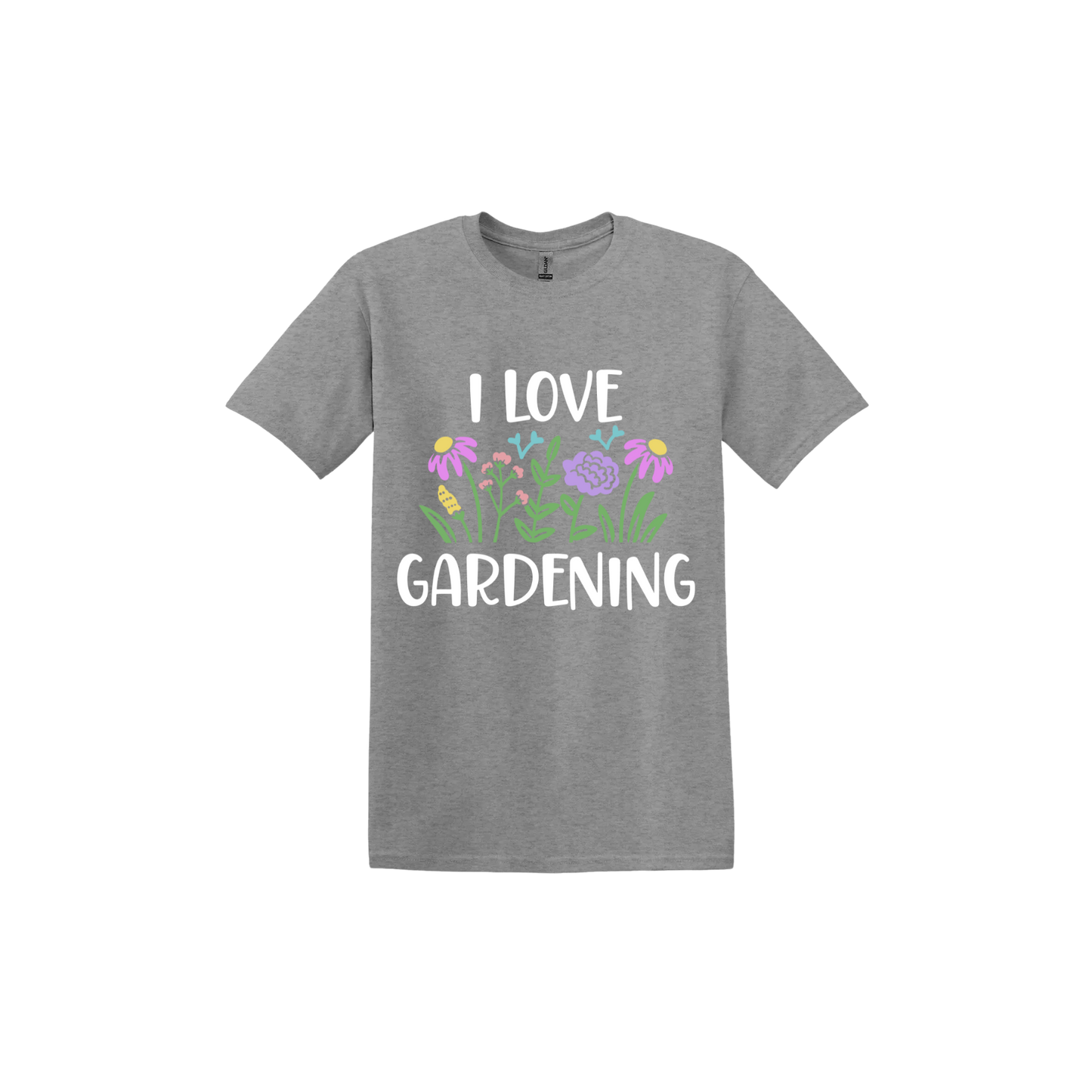Graphite unisex tshirt with text that reads 'I love gardening' with graphics of flowers.