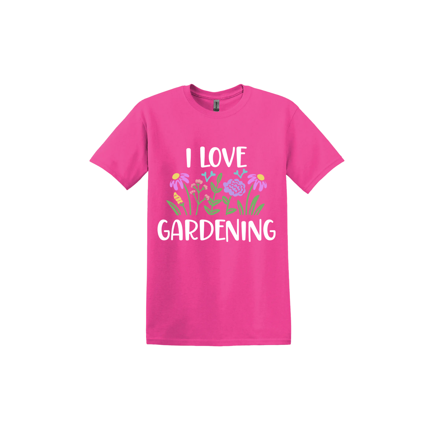 Heliconia unisex tshirt with text that reads 'I love gardening' with graphics of flowers.