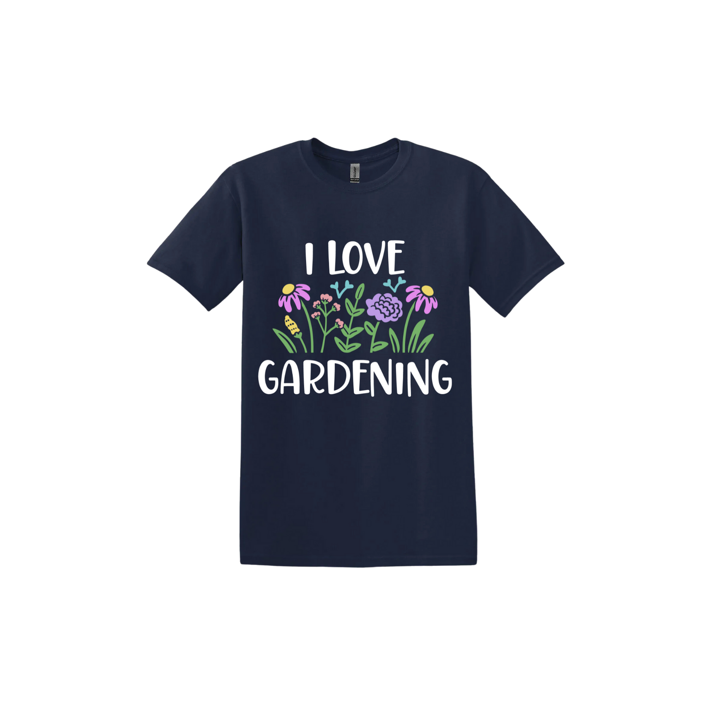 Navy unisex tshirt with text that reads 'I love gardening' with graphics of flowers.