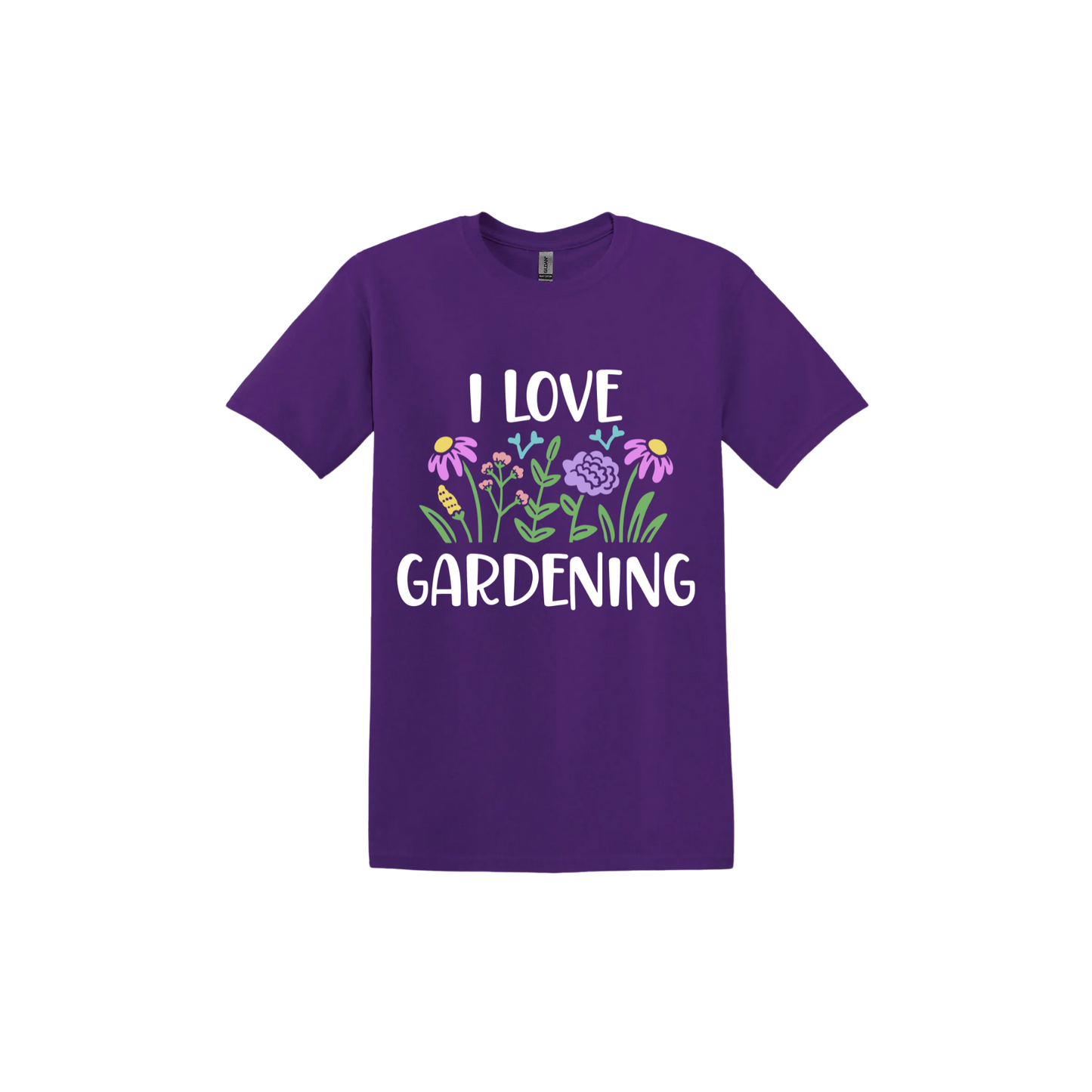 Purple unisex tshirt with text that reads 'I love gardening' with graphics of flowers.