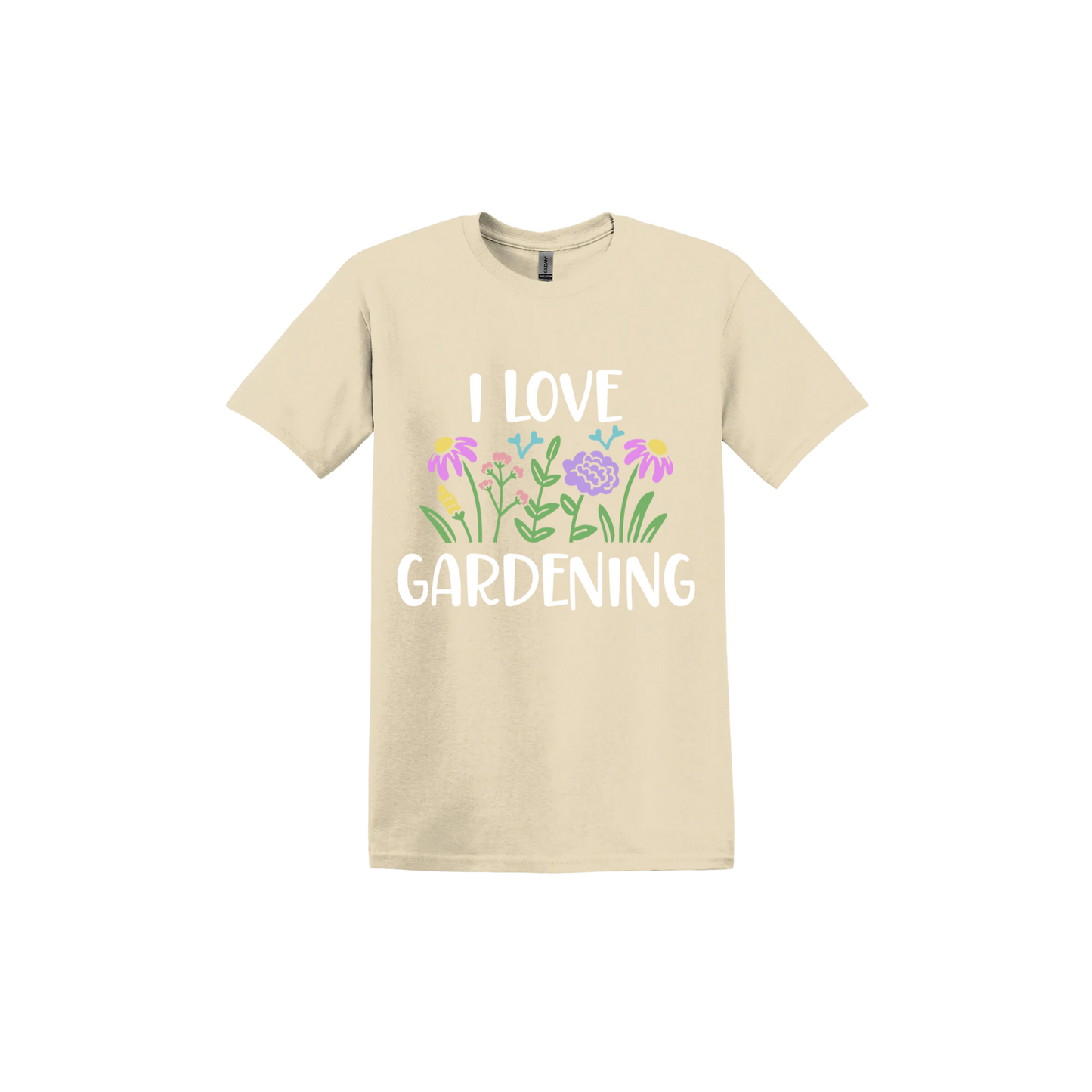 Sand unisex tshirt with text that reads 'I love gardening' with graphics of flowers.