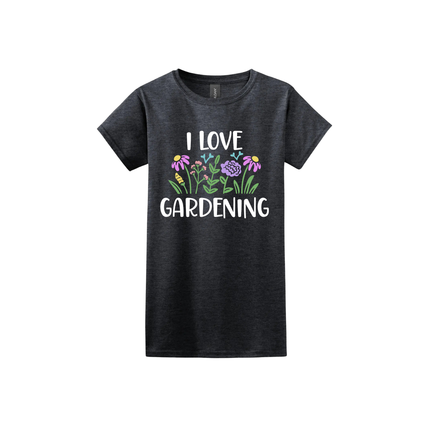 Dark heather womens tshirt with text that reads 'I love gardening' with graphics of flowers.