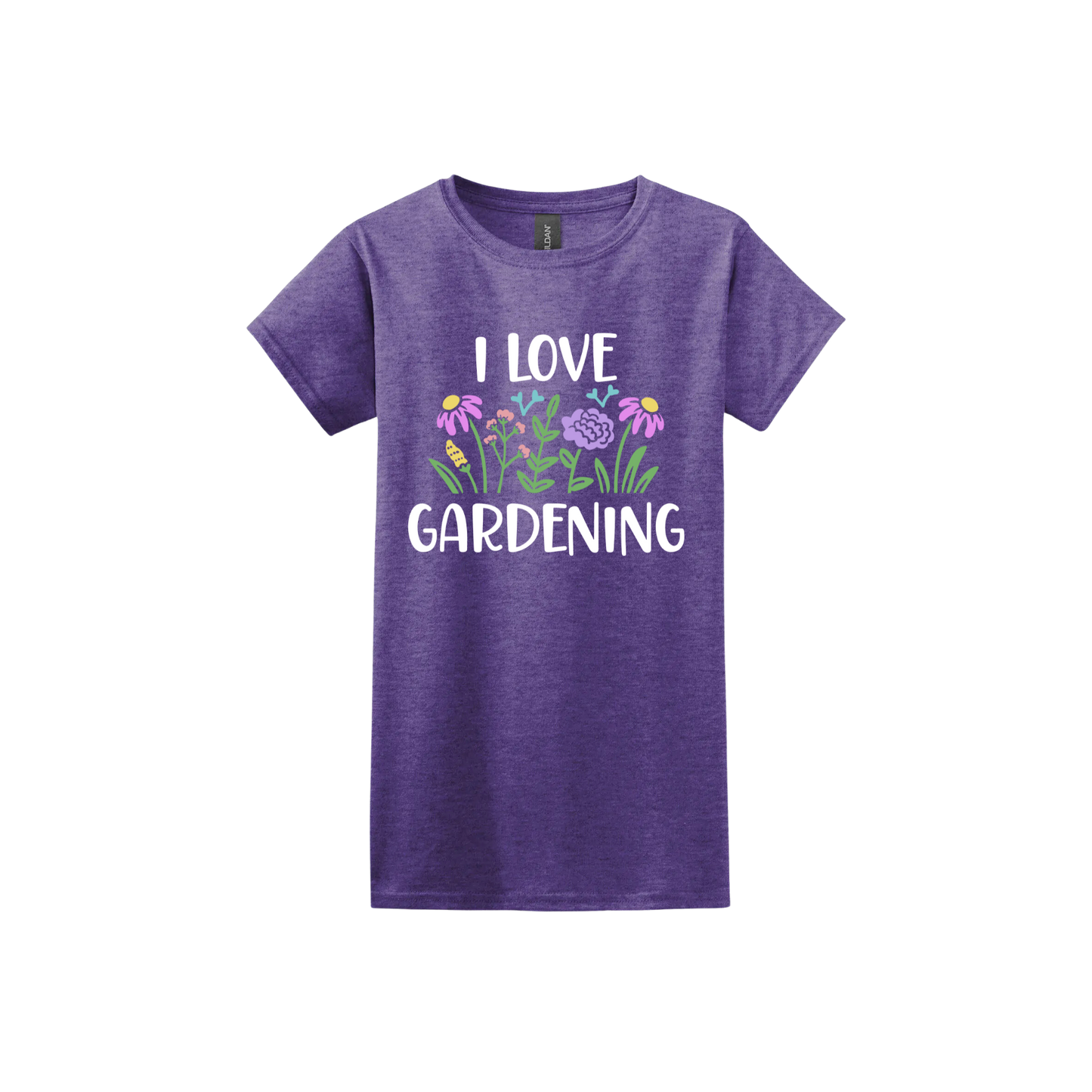 Heather purple womens tshirt with text that reads 'I love gardening' with graphics of flowers.