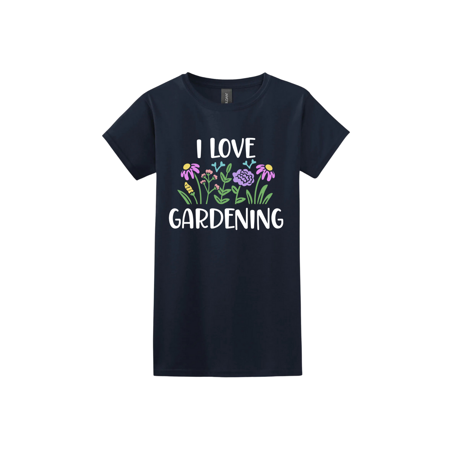 Navy womens tshirt with text that reads 'I love gardening' with graphics of flowers.