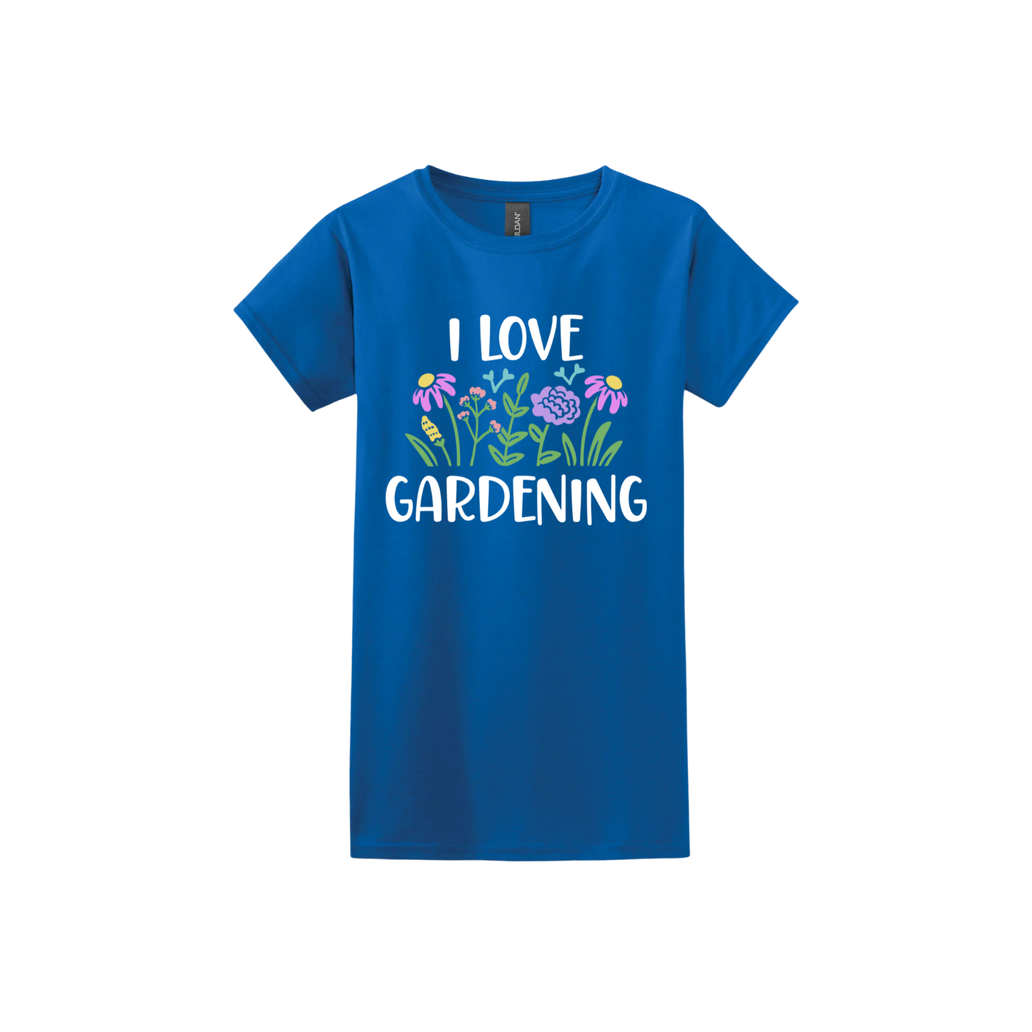 Royal blue womens tshirt with text that reads 'I love gardening' with graphics of flowers.
