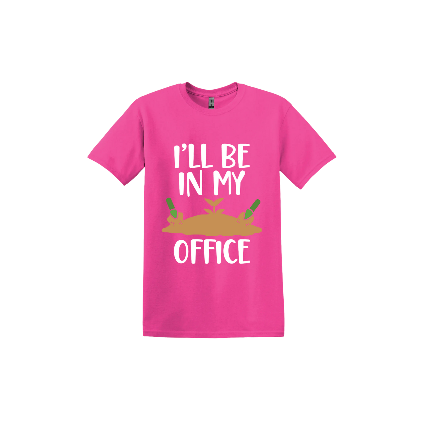 Heliconia unisex tshirt with text reading 'I'll be in my office' alongside a graphic of dirt with two green shovels.