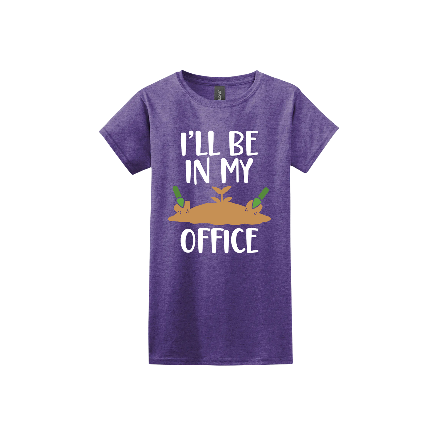 Heather purple womens tshirt with text reading 'I'll be in my office' alongside a graphic of dirt with two green shovels.