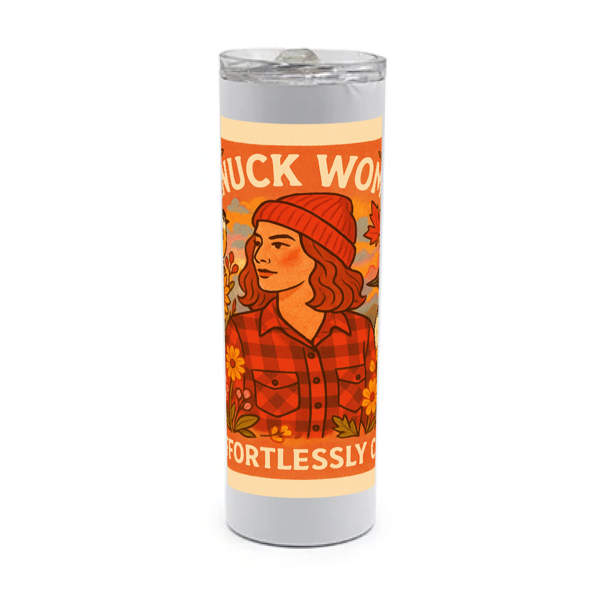 Tumbler with a design of a woman wearing a red toque and plaid shirt, with text 'Canuck Woman' and 'Eh-ffortlessly Cool'.