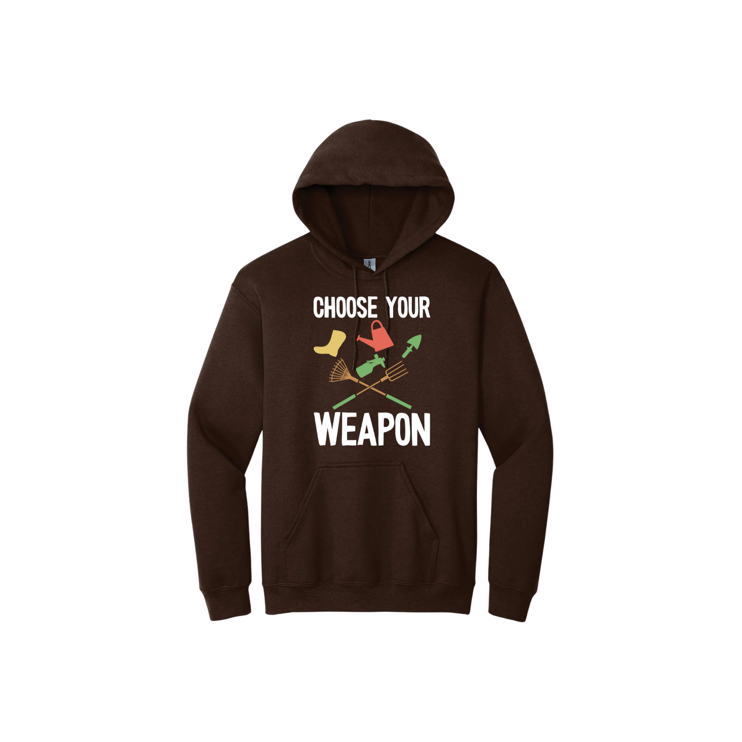 Brown unisex hoodie with text reading 'Choose your weapon' surrounded by graphics of various gardening and yard-care tools.