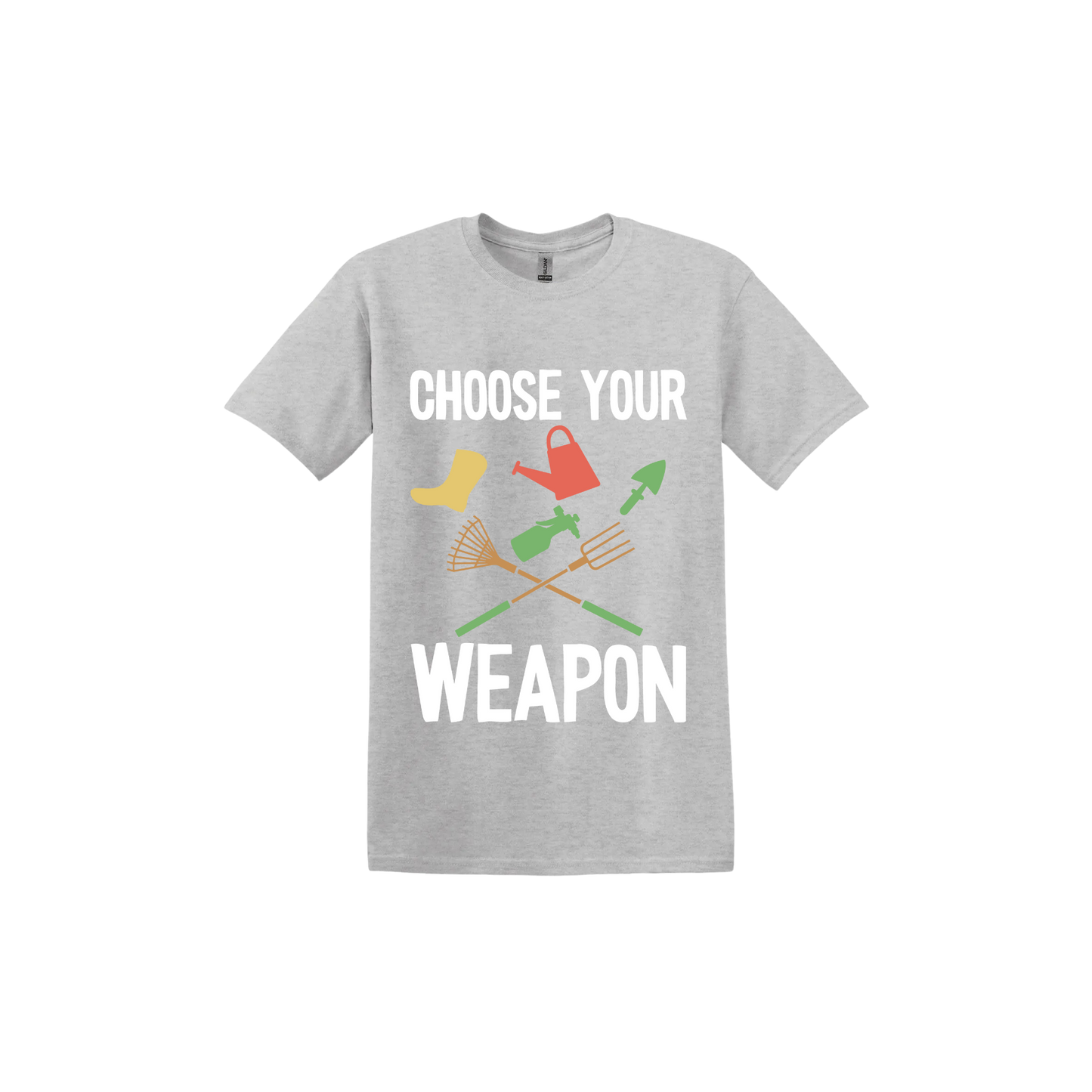 A ash grey 'Choose Your Weapon' unisex t-shirt with text and graphic design on the front.