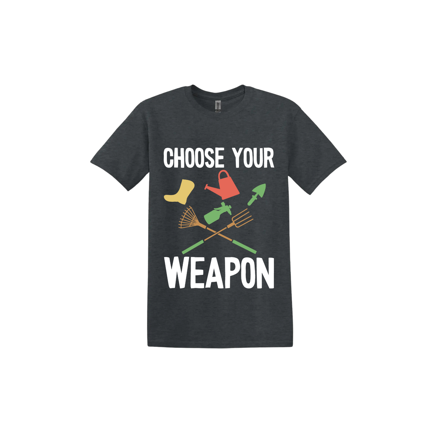 A dark heather 'Choose Your Weapon' unisex t-shirt with text and graphic design on the front.