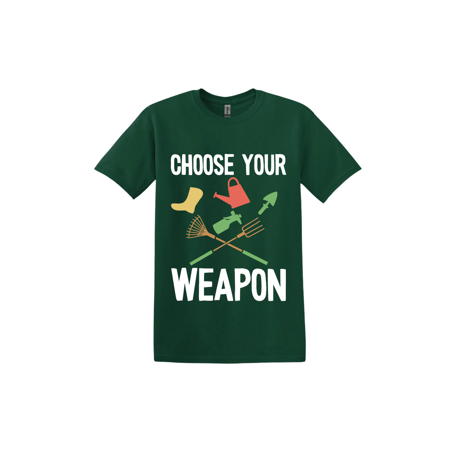 A forest green 'Choose Your Weapon' unisex t-shirt with text and graphic design on the front.