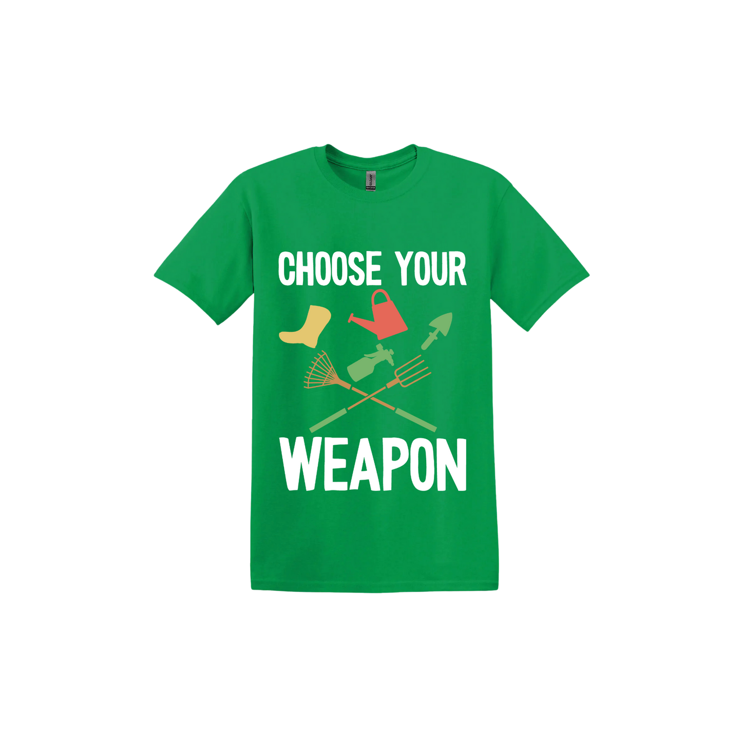 A irish green 'Choose Your Weapon' unisex t-shirt with text and graphic design on the front.