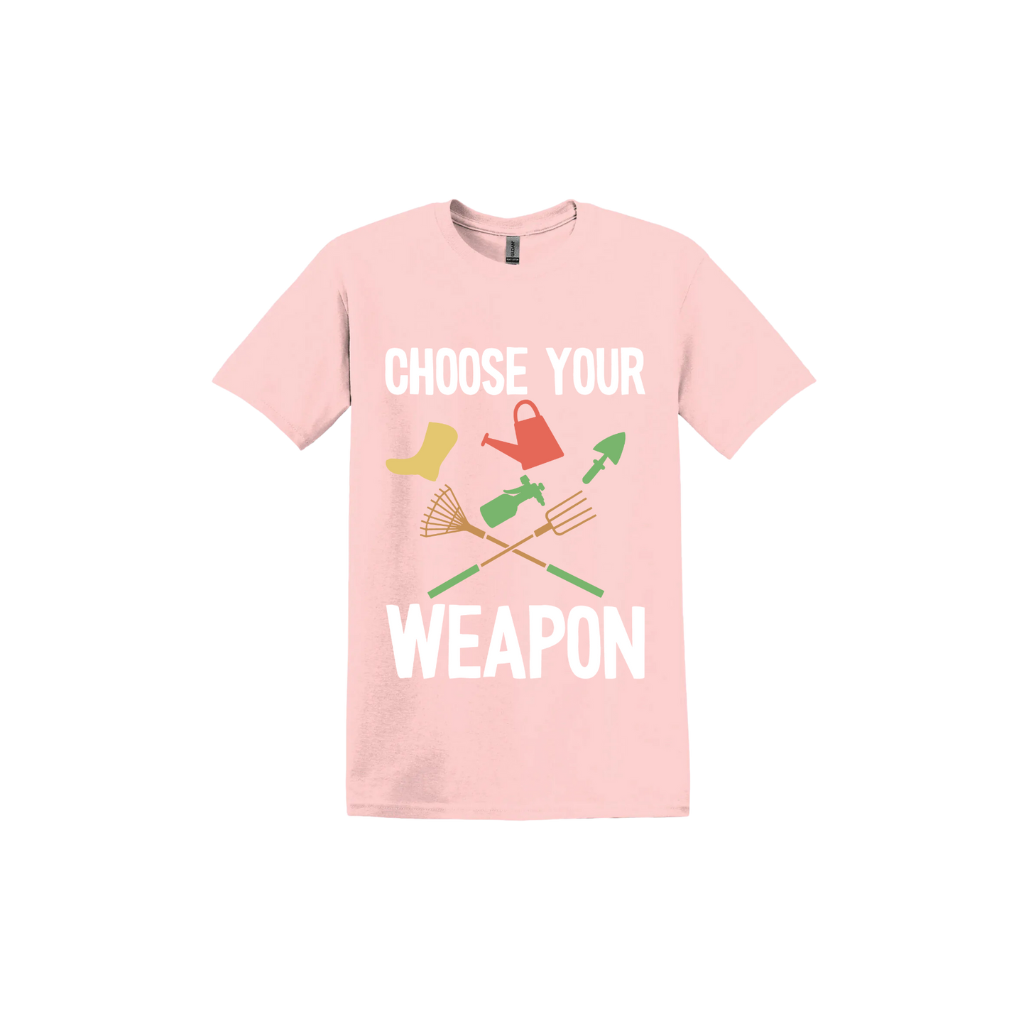 A light pink 'Choose Your Weapon' unisex t-shirt with text and graphic design on the front.