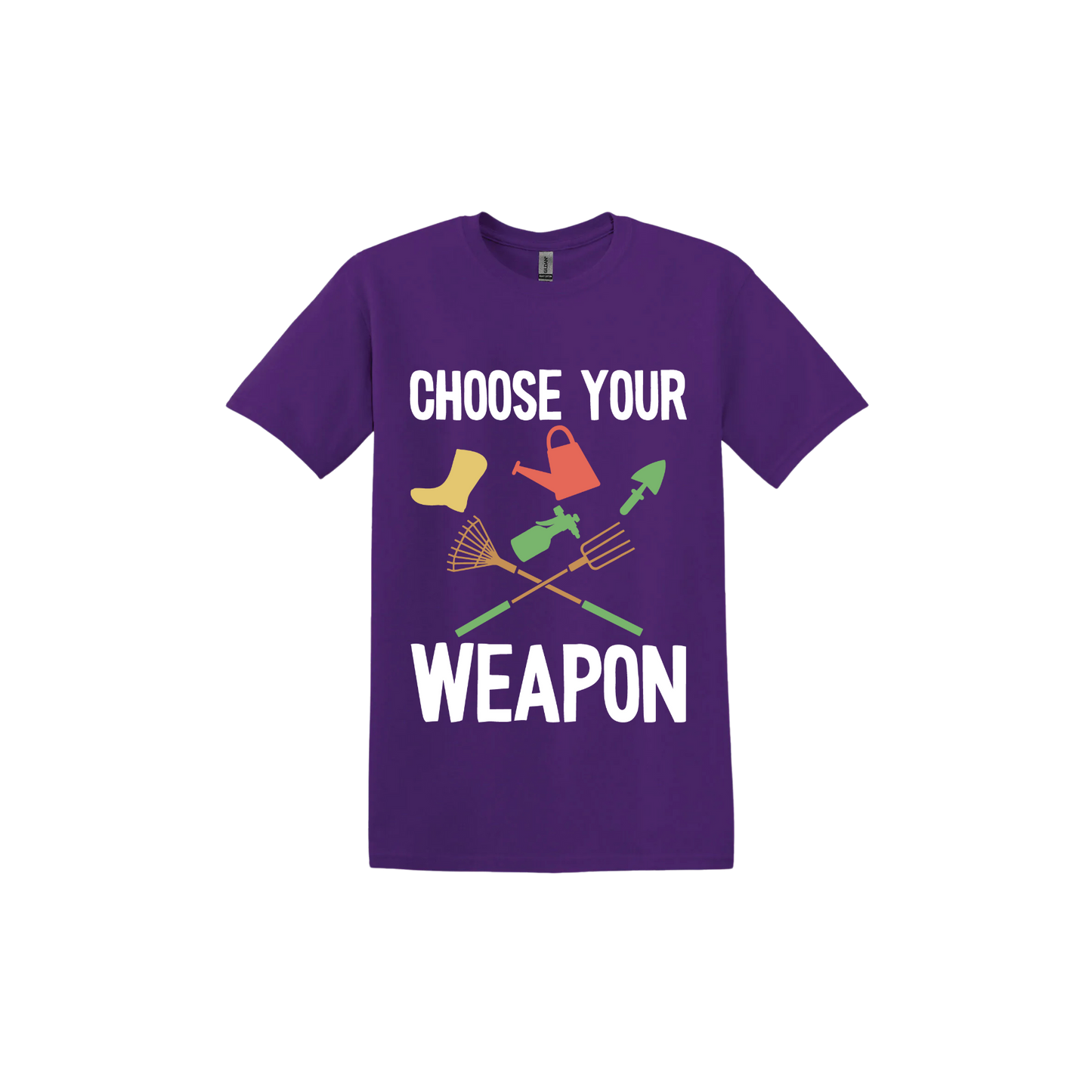 A purple 'Choose Your Weapon' unisex t-shirt with text and graphic design on the front.