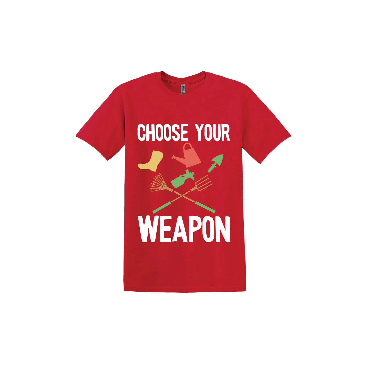 A red 'Choose Your Weapon' unisex t-shirt with text and graphic design on the front.