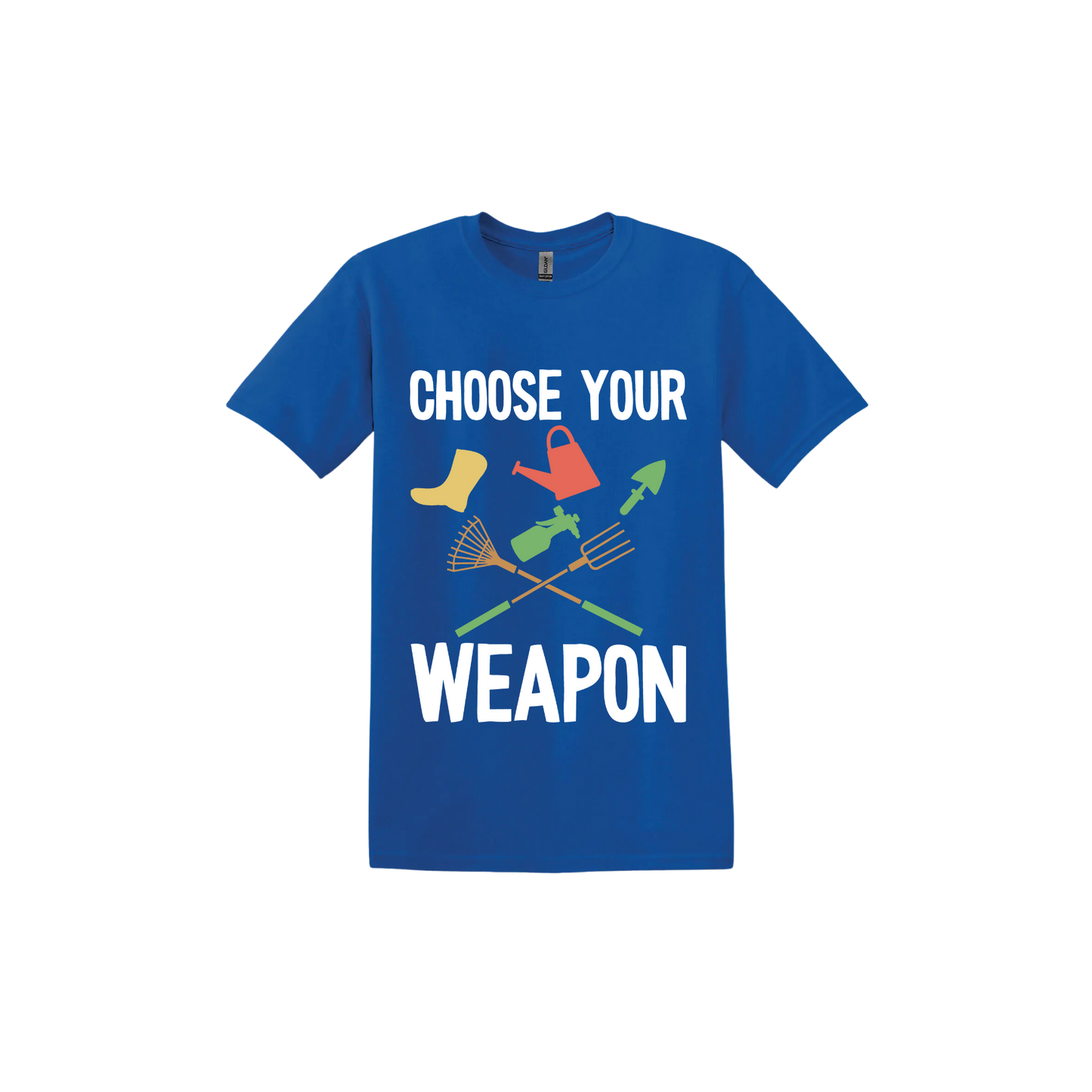 A royal blue 'Choose Your Weapon' unisex t-shirt with text and graphic design on the front.