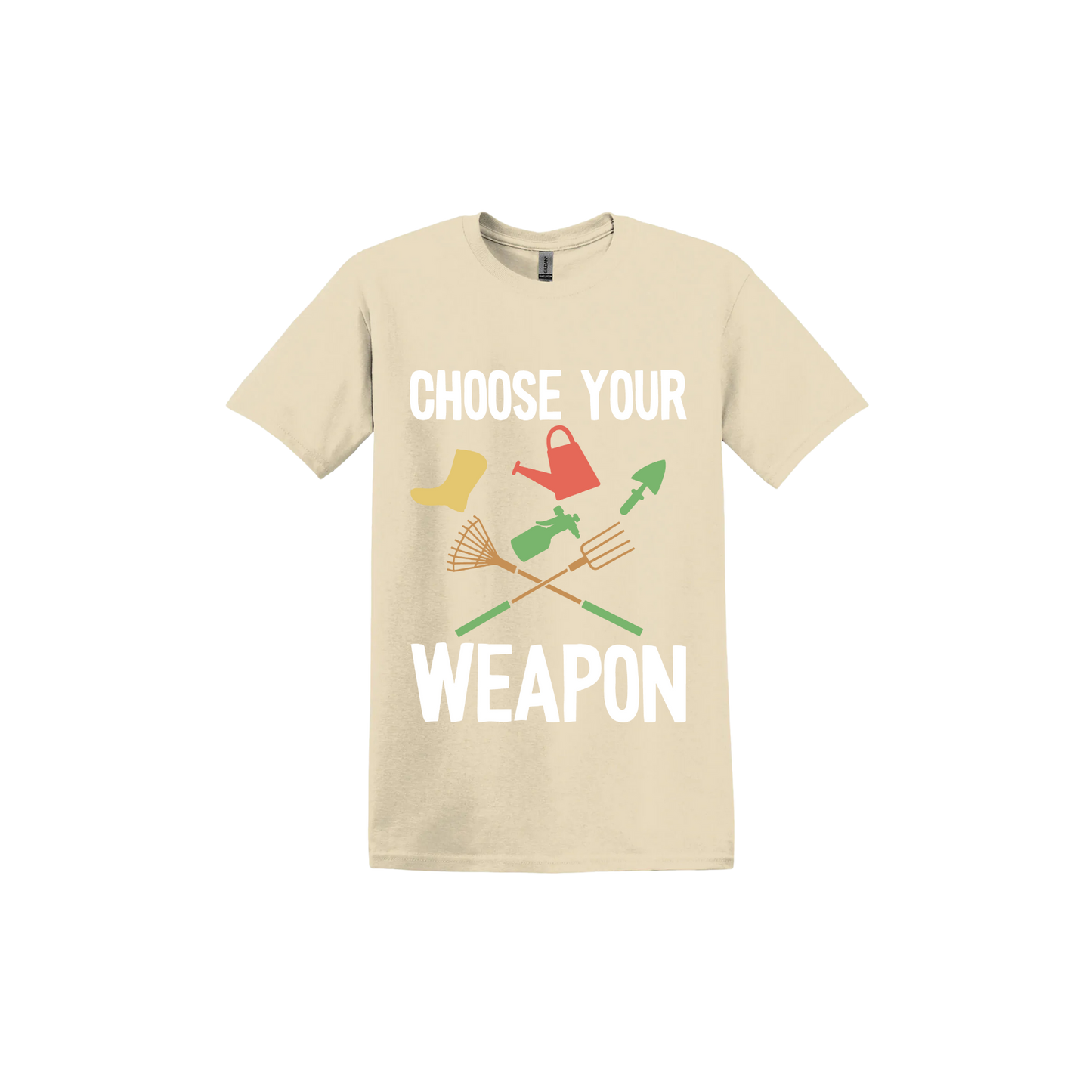 A sand 'Choose Your Weapon' unisex t-shirt with text and graphic design on the front.