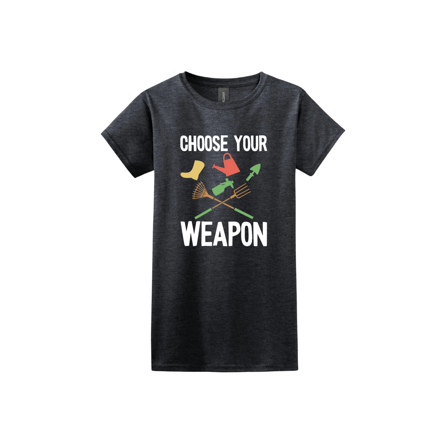 Dark heather womens tshirt with text reading 'Choose your weapon' surrounded by graphics of various gardening and yard-care tools.