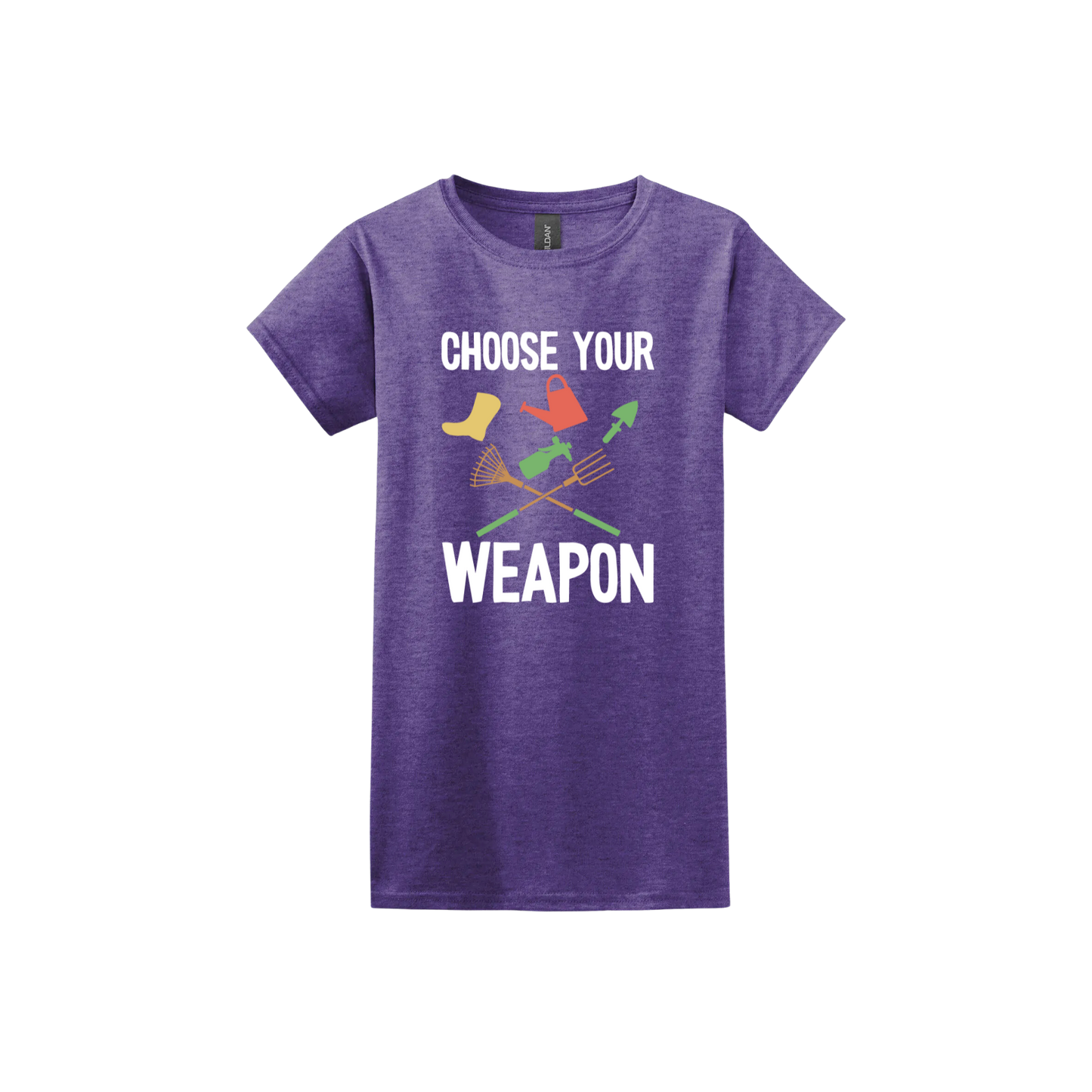 Heather purple womens tshirt with text reading 'Choose your weapon' surrounded by graphics of various gardening and yard-care tools.