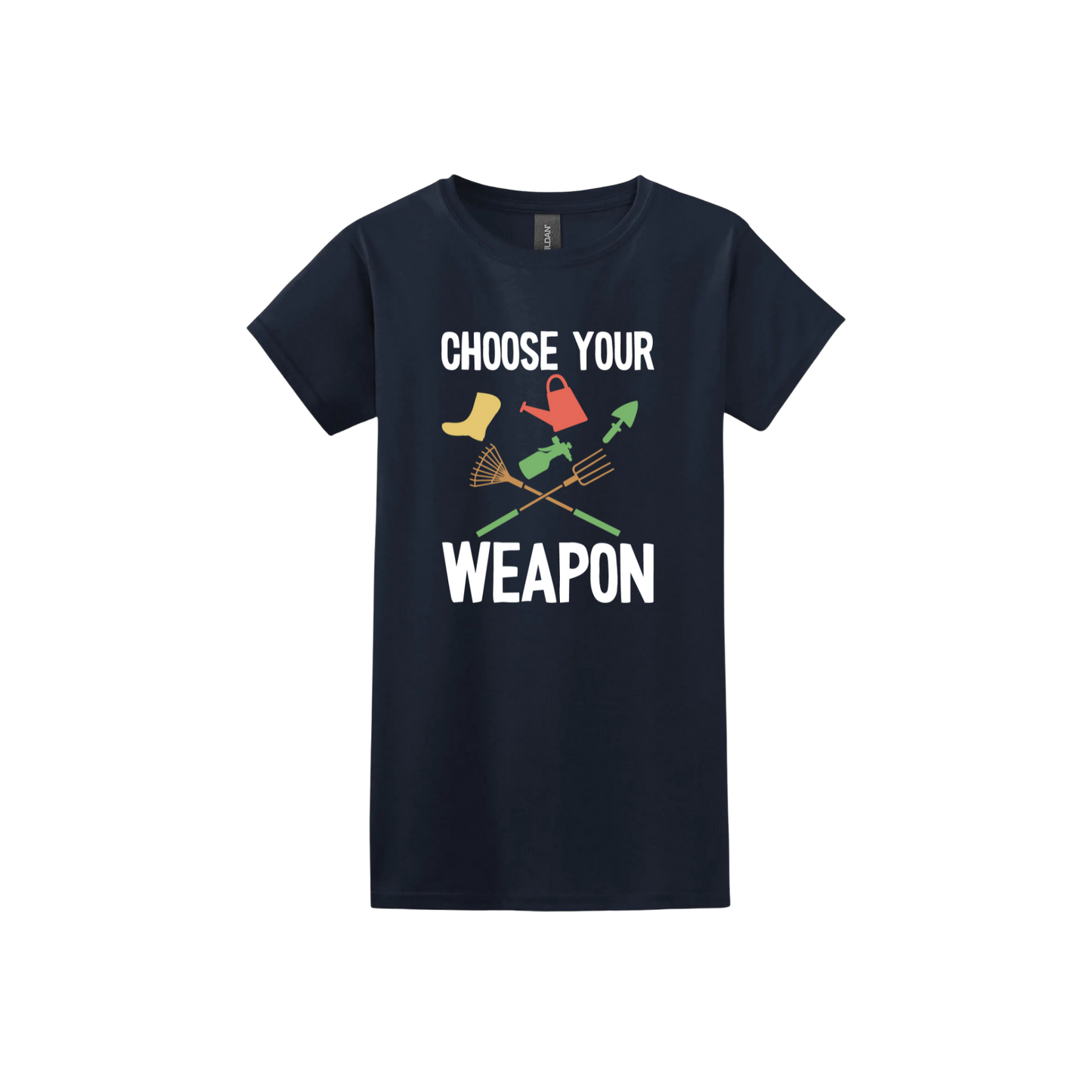 Navy womens tshirt with text reading 'Choose your weapon' surrounded by graphics of various gardening and yard-care tools.