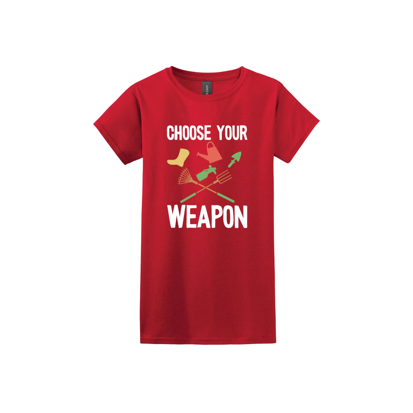 Red womens tshirt with text reading 'Choose your weapon' surrounded by graphics of various gardening and yard-care tools.