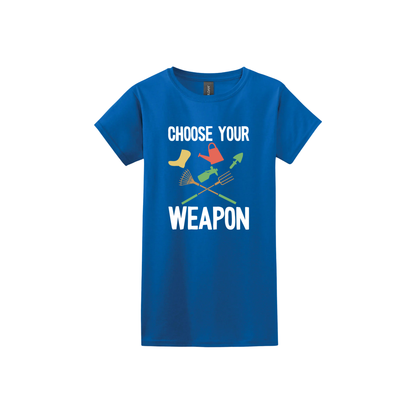 Royal blue womens tshirt with text reading 'Choose your weapon' surrounded by graphics of various gardening and yard-care tools.
