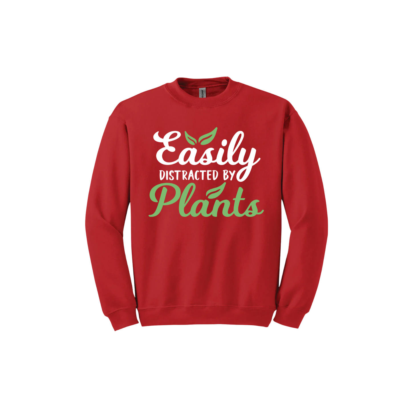 Red unisex sweatshirt with text reading 'Easily Distracted By Plants'.