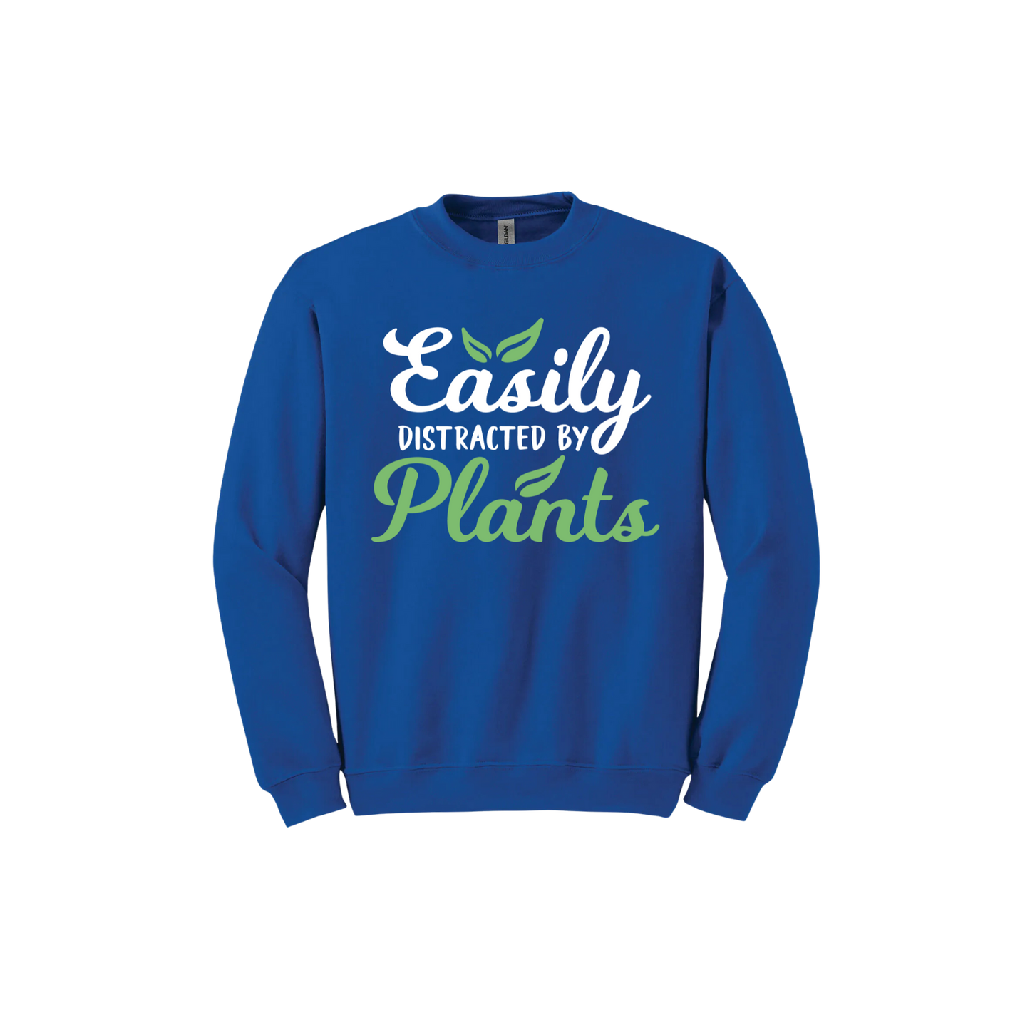 Royal blue unisex sweatshirt with text reading 'Easily Distracted By Plants'.