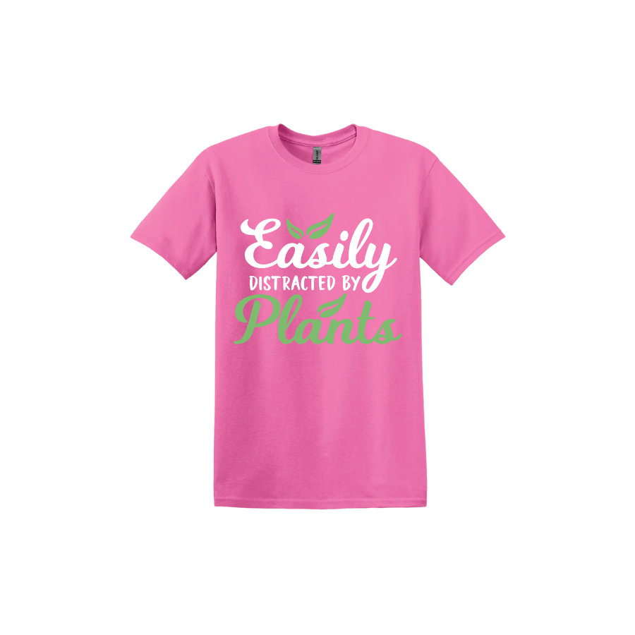 Azalia unisex tshirt with text reading 'Easily Distracted By Plants'.