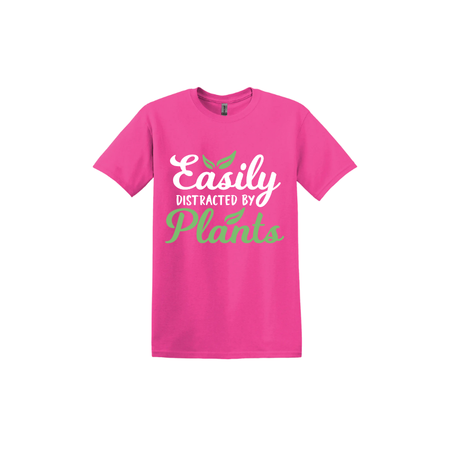 Heliconia unisex tshirt with text reading 'Easily Distracted By Plants'.