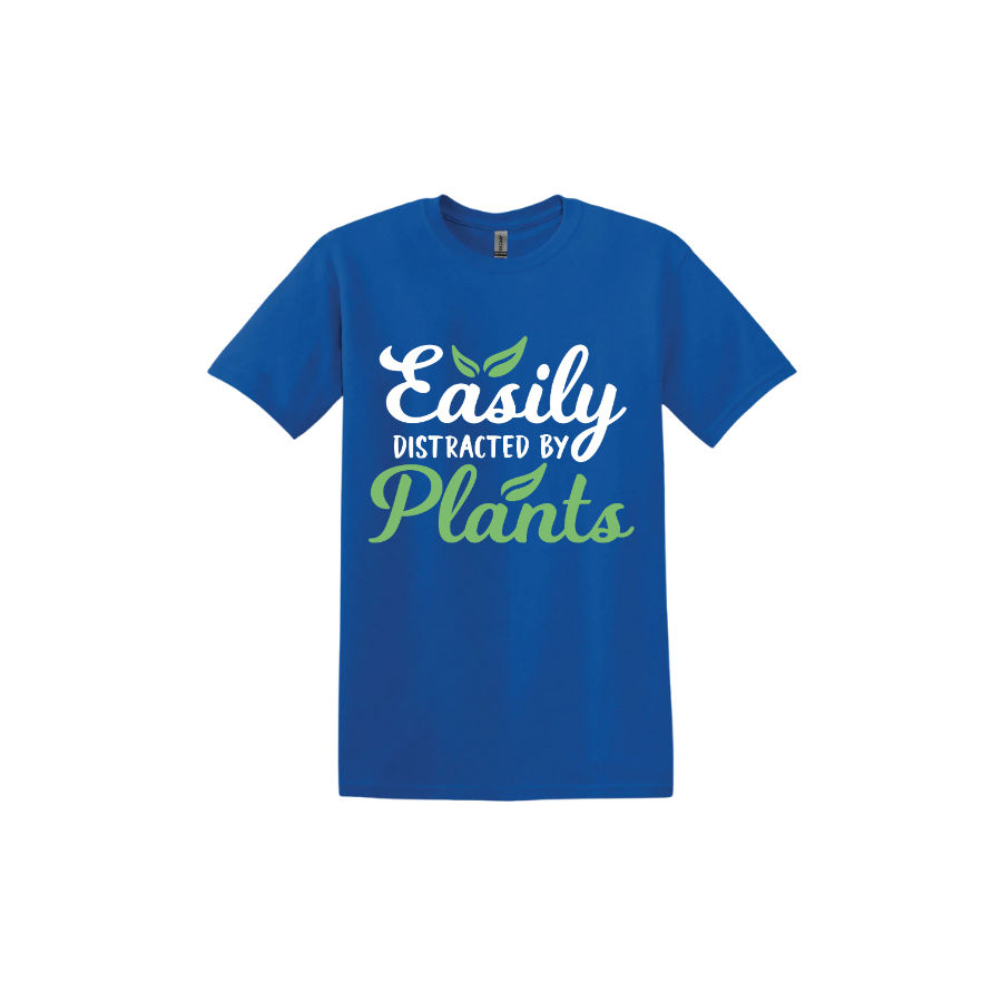 Royal blue unisex tshirt with text reading 'Easily Distracted By Plants'.
