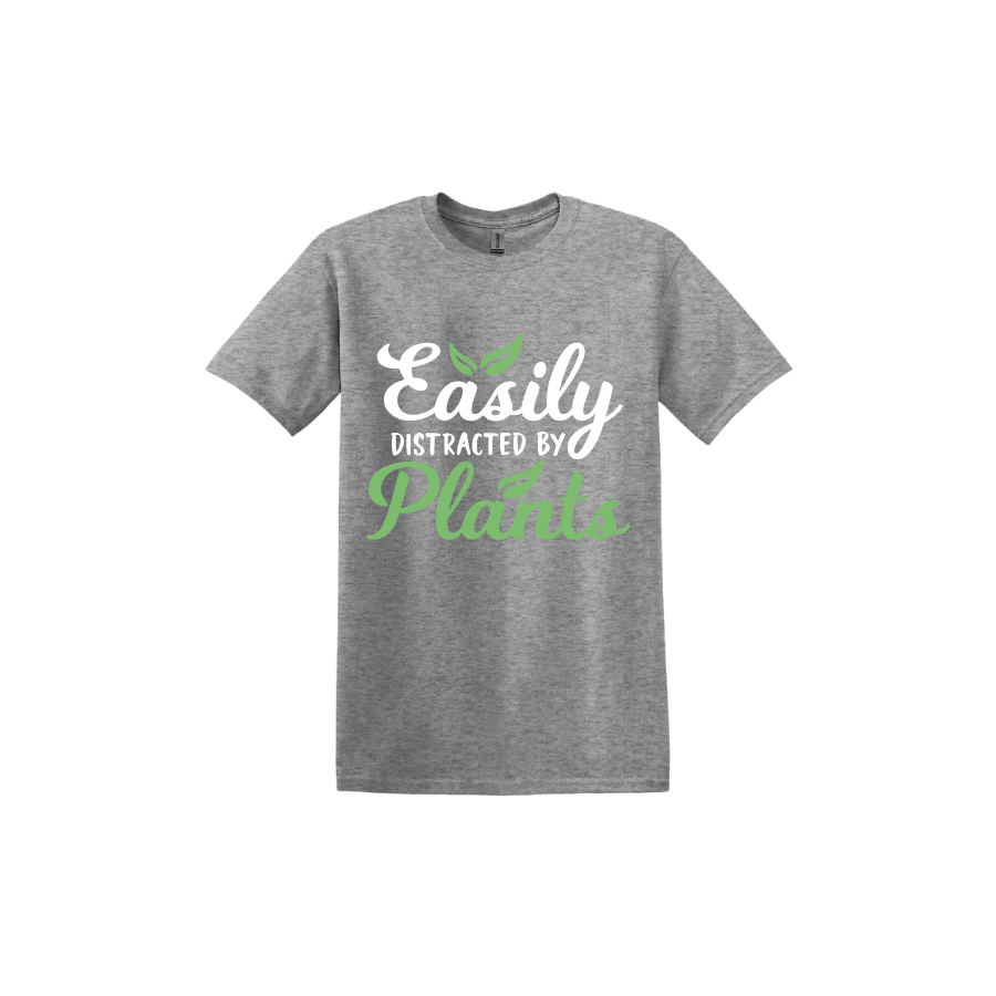Sport grey unisex tshirt with text reading 'Easily Distracted By Plants'.