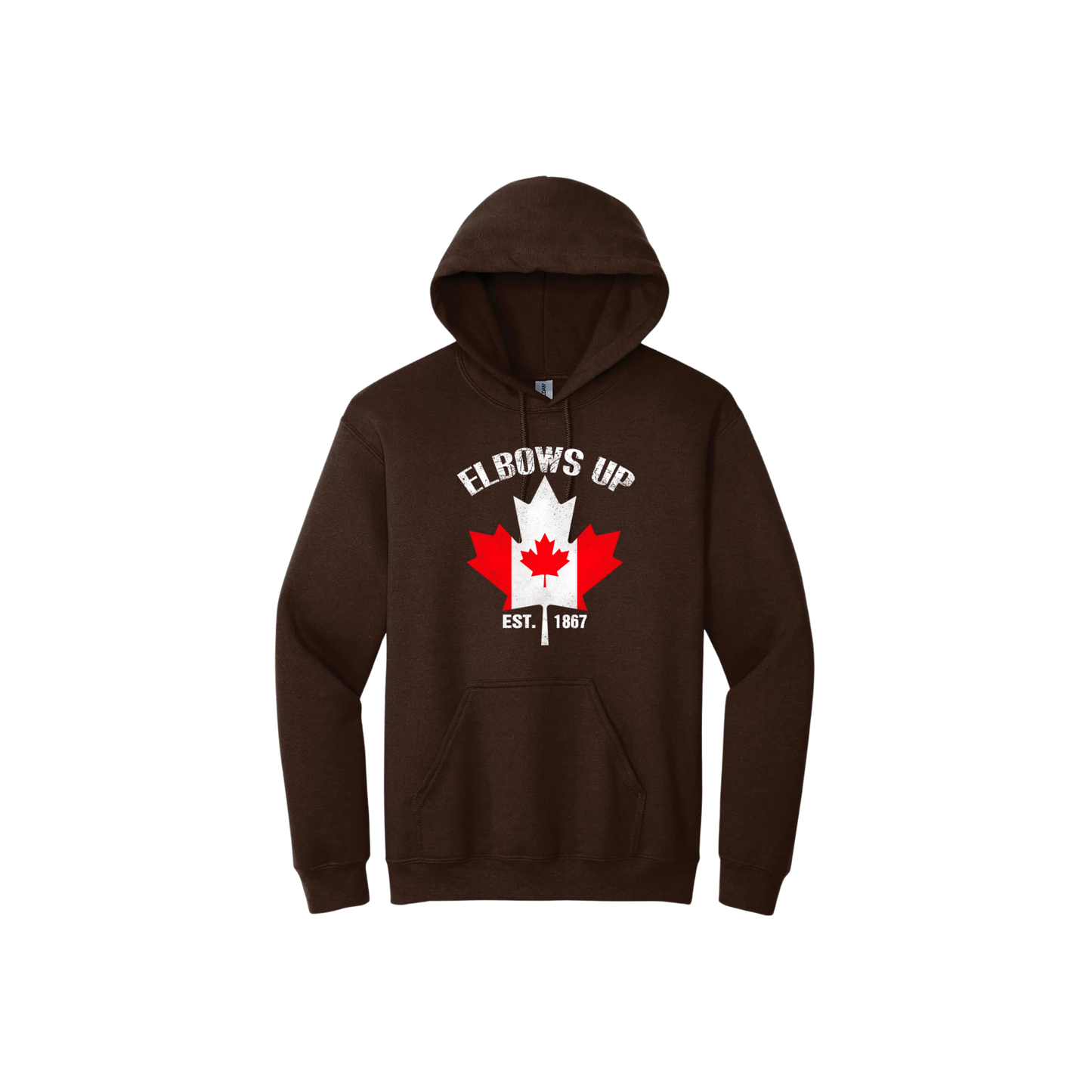 Brown unisex hoodie with text reading "Elbows Up Est. 1867" with a maple leaf graphic in the center containing the Canadian flag.