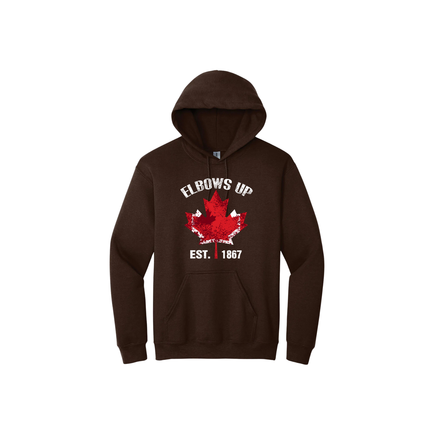 Brown unisex hoodie with text reading "Elbows Up Est. 1867" with a maple leaf graphic in the center.