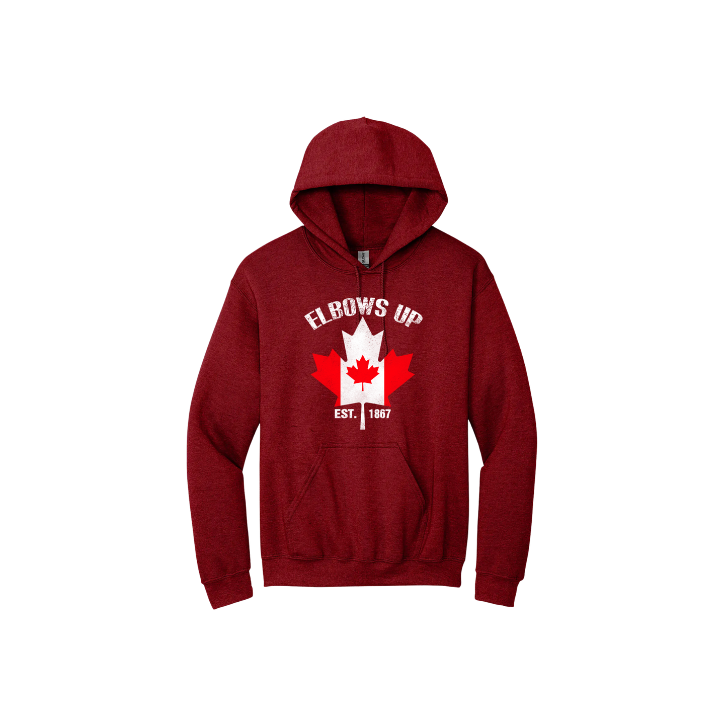 Red unisex hoodie with text reading "Elbows Up Est. 1867" with a maple leaf graphic in the center containing the Canadian flag.