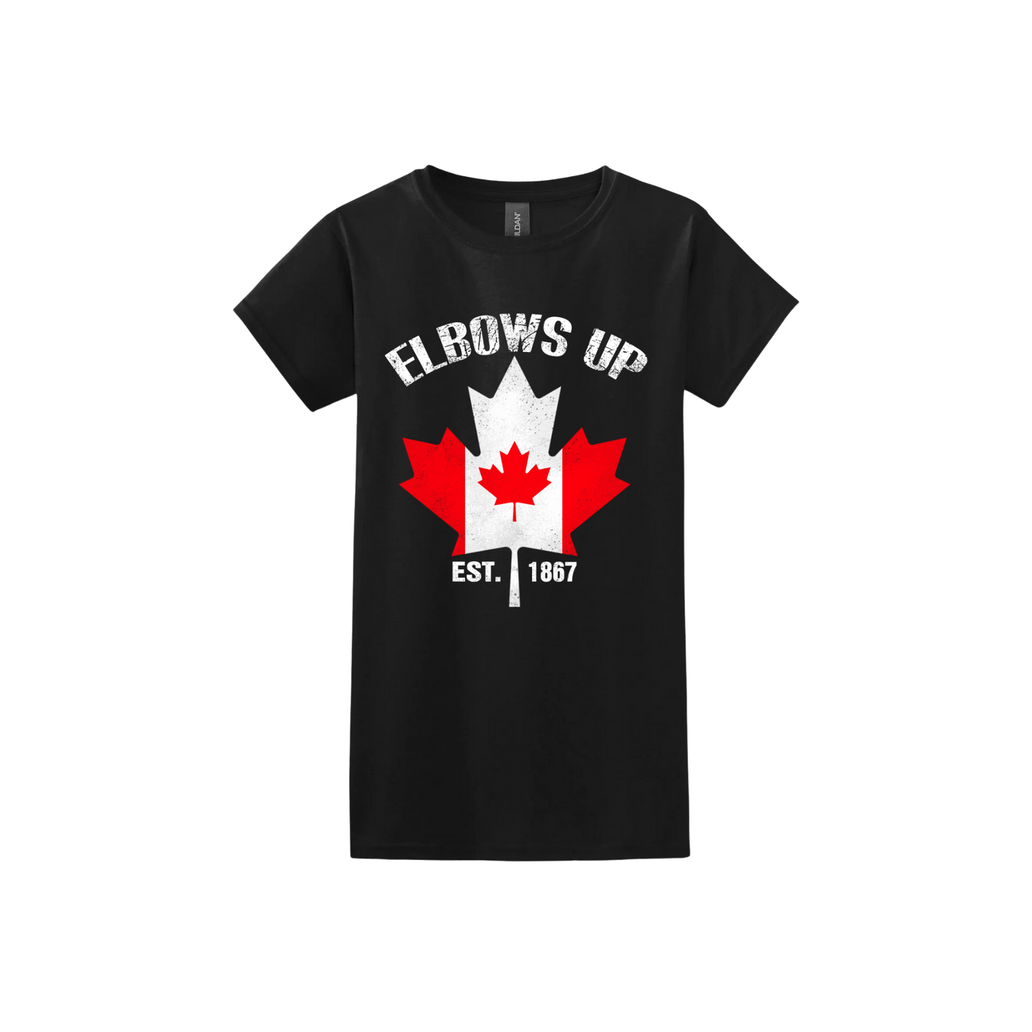 Black tshirt with the Canadian flag in the shape of a maple leaf above text that reads "Est. 1867" along side text that reads "Elbows Up"