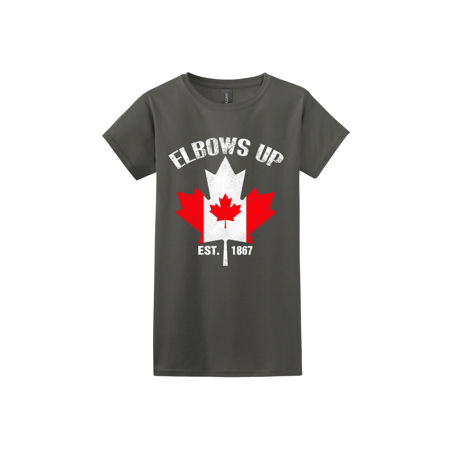 Charcoal tshirt with the Canadian flag in the shape of a maple leaf above text that reads "Est. 1867" along side text that reads "Elbows Up"