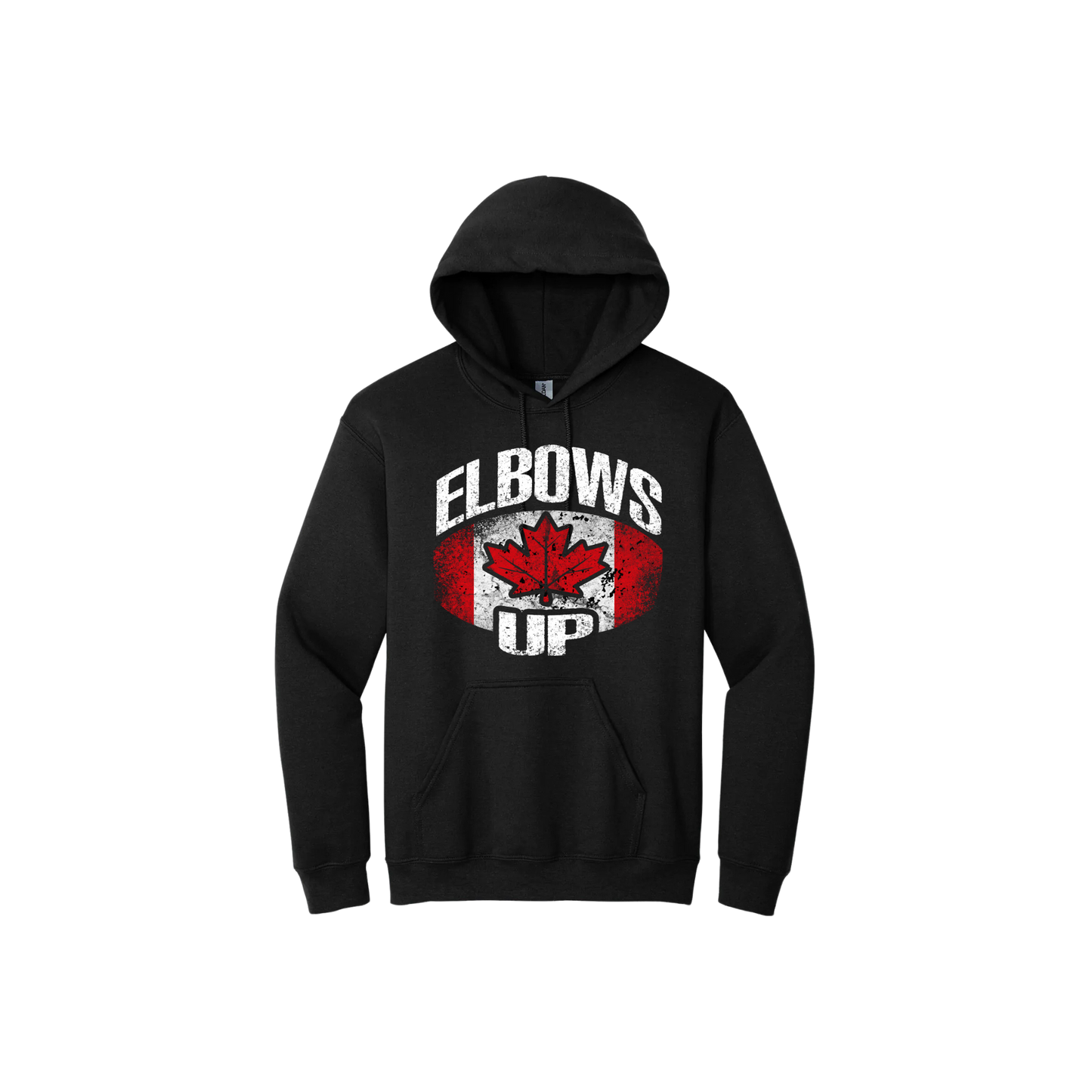 Black unisex hoodie featuring the Canadian flag between text that reads 'Elbows Up'.