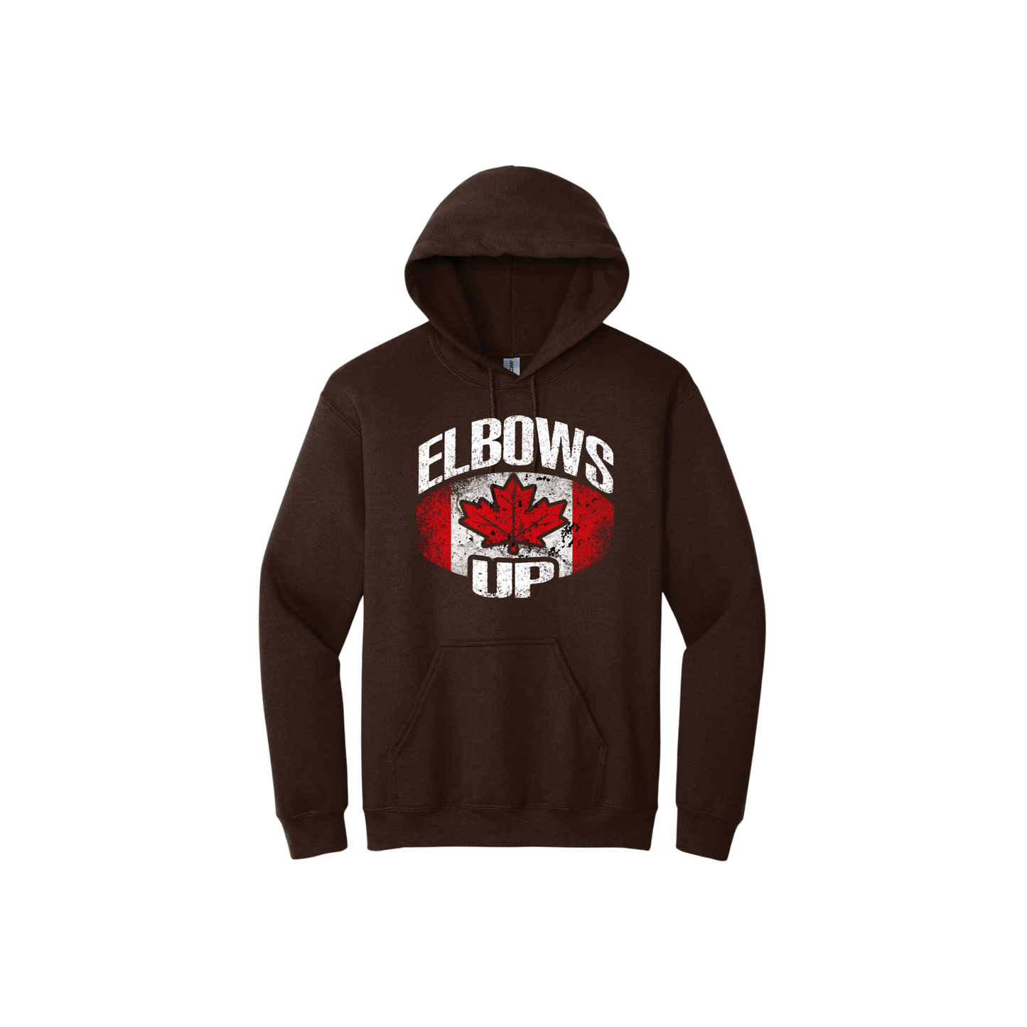 Brown unisex hoodie featuring the Canadian flag between text that reads 'Elbows Up'.