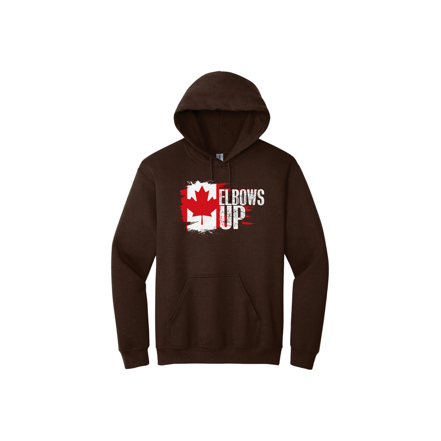 Brown unisex hoodie featuring text that reads 'Elbows Up' featuring the Canadian flag.