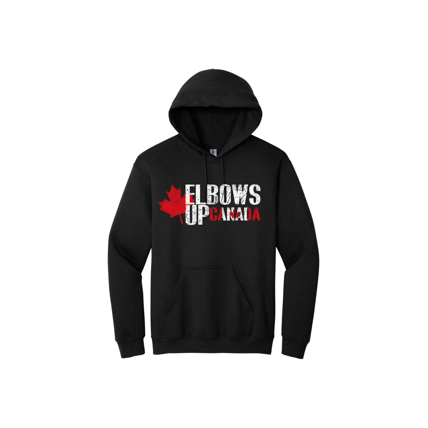 Black unisex hoodie with text 'Elbows Up Canada' with a graphic of a red maple leaf.