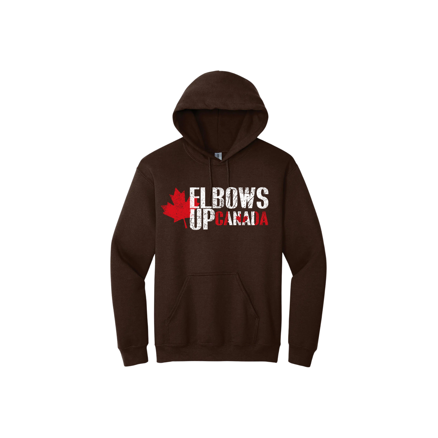 Brown unisex hoodie with text 'Elbows Up Canada' with a graphic of a red maple leaf.