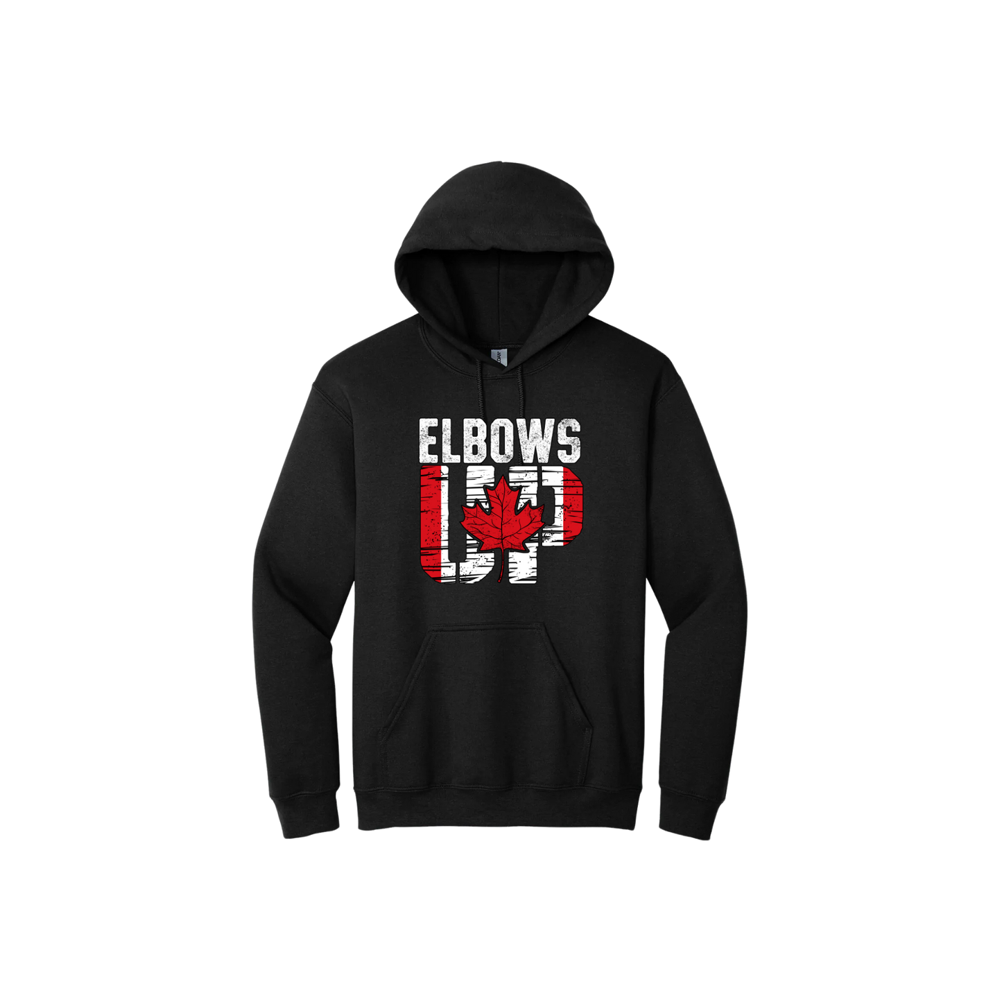 Black unisex hoodie featuring text that reads 'Elbows Up' with a red maple leaf in the center of 'Up' and the Canadian flag within the 'Up'.